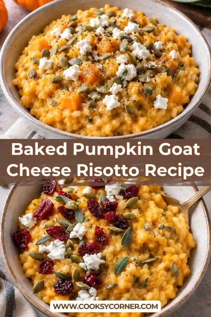 Creamy pumpkin risotto topped with tangy goat cheese, dried cranberries, and toasted pumpkin seeds. Fresh sage and rosemary add color to the rich oven baked risotto.