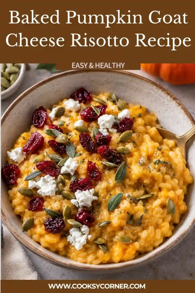 Baked Pumpkin Goat Cheese Risotto served in a bowl with crumbled goat cheese, dried cranberries, pumpkin seeds, and fresh sage. The creamy pumpkin risotto has a warm golden-orange color.