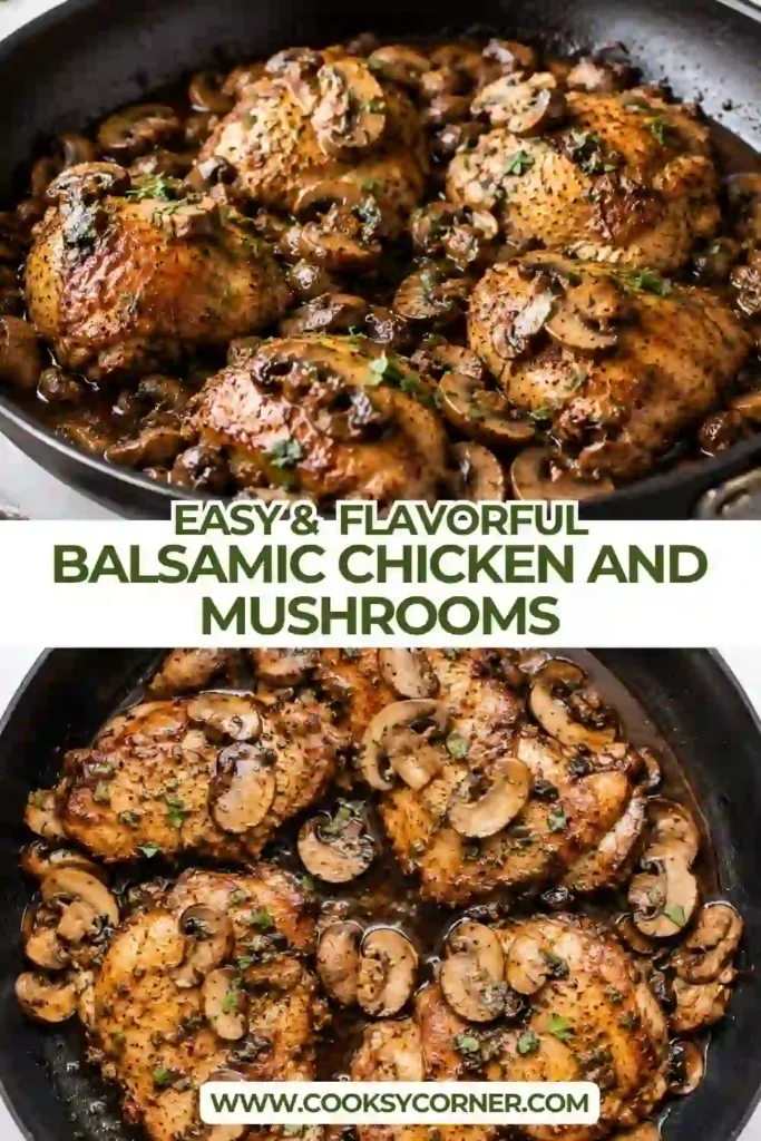 Tender chicken thighs with mushrooms covered in a sweet and tangy balsamic pan sauce. This easy skillet chicken dinner is finished with garlic, thyme, and butter.