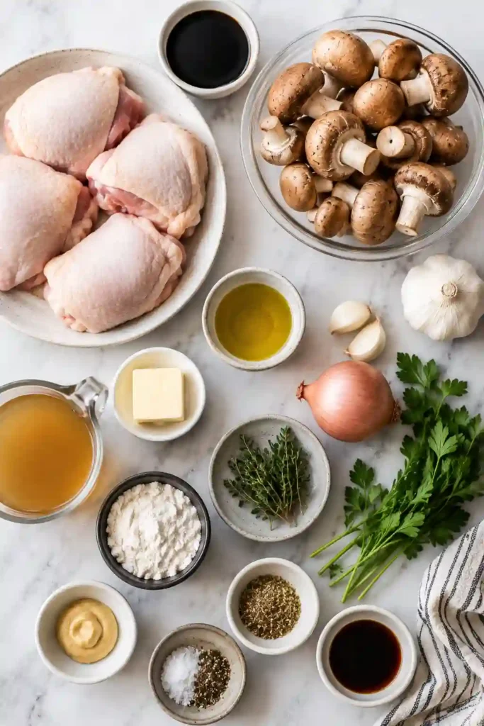 Balsamic Chicken and Mushrooms featuring golden chicken thighs surrounded by tender mushrooms. The one-pan chicken dinner is finished with a glossy balsamic butter sauce.