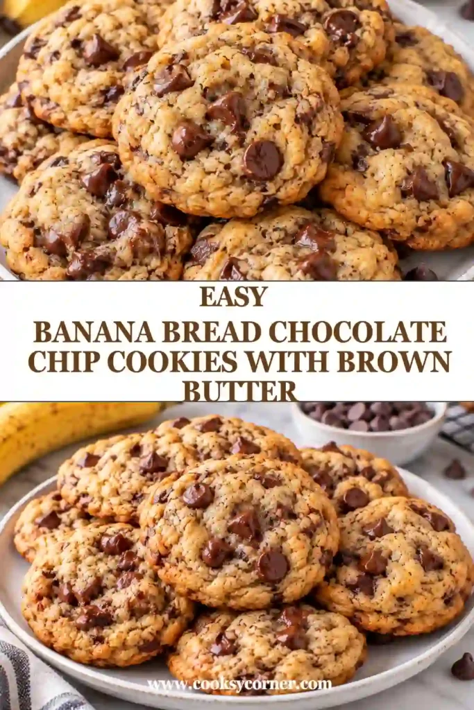 Freshly baked banana bread chocolate chip cookies resting on a parchment-lined baking sheet. Their edges are set, while the centers look soft and dotted with chocolate.