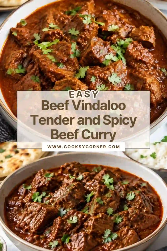 Homemade Beef Vindaloo with tender beef chuck simmered in a rich red-brown curry sauce. Basmati rice and creamy yogurt accompany the spicy, aromatic beef curry.