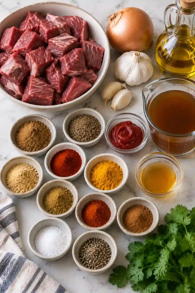 Beef Vindaloo with tender braised beef in a thick, deeply colored sauce filled with Indian-inspired spices. Fluffy rice, naan, and cooling yogurt complete the comforting curry meal.