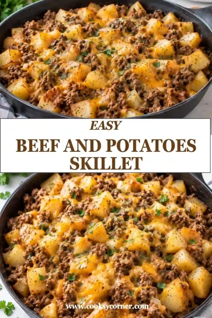A cheesy Beef and Potatoes Skillet filled with browned ground beef, tender potatoes, onions, peppers, and melted cheddar. The easy ground beef dinner has a warm, savory finish.