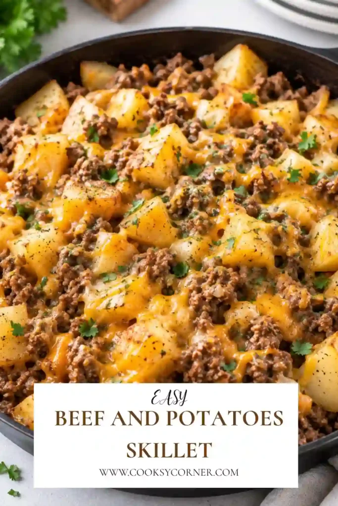 Beef and Potatoes Skillet with seasoned ground beef, tender diced potatoes, green peppers, and melted cheddar cheese. This hearty one pan beef dinner is served hot in a skillet.