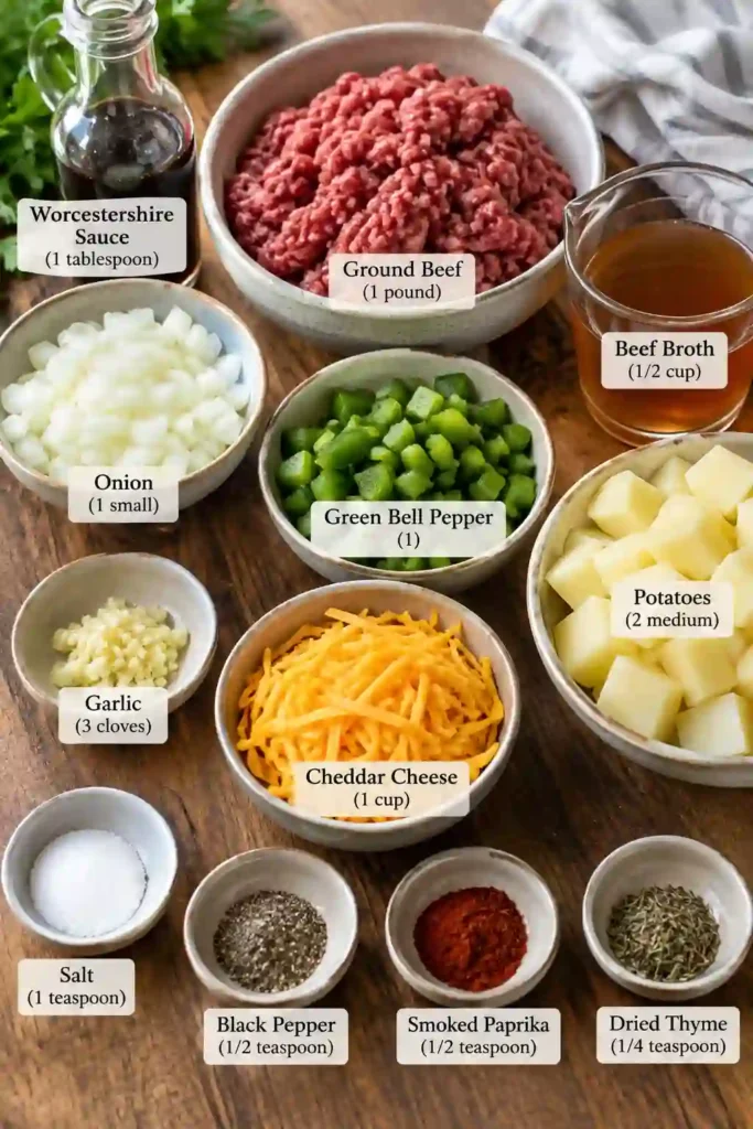 Close-up of cheesy beef and potatoes with seasoned ground beef and tender potato cubes beneath melted cheddar. This simple skillet dinner is rich, savory, and family-friendly.