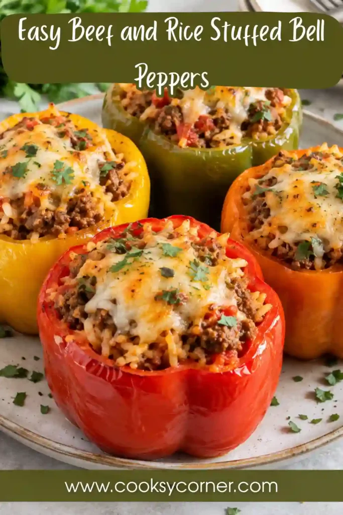 Six hollowed bell peppers filled with raw seasoned ground beef and cooked rice in a tomato sauce-lined baking dish. Reserved pepper tops sit over the filling before baking.