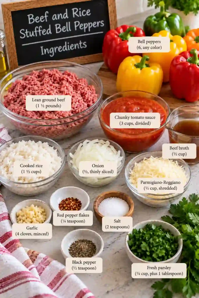 Baked beef and rice stuffed bell pepper served with tomato sauce and a sprinkle of fresh parsley. The softened pepper holds a fully cooked beef and rice filling.