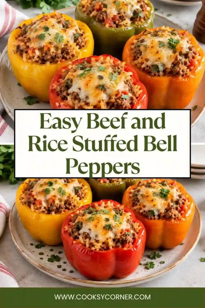 Beef and rice stuffed bell peppers arranged upright in a baking dish with chunky tomato sauce. The peppers are baked until tender and filled with seasoned ground beef and rice.