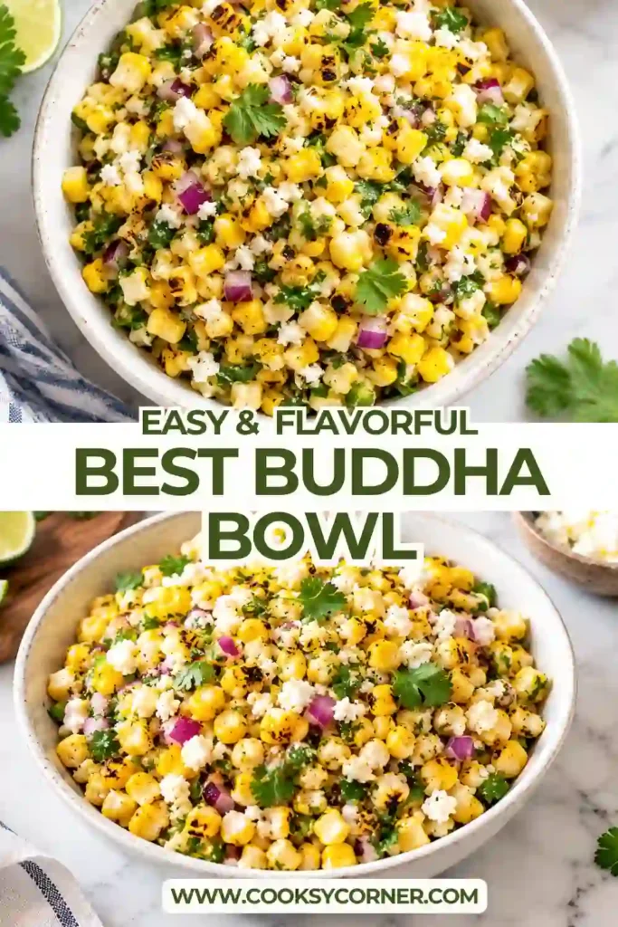 Healthy Buddha bowl filled with golden roasted sweet potatoes, chickpeas, brown rice, massaged kale, carrot ribbons, and crunchy vegetables. Turmeric tahini sauce is drizzled over the colorful ingredients.