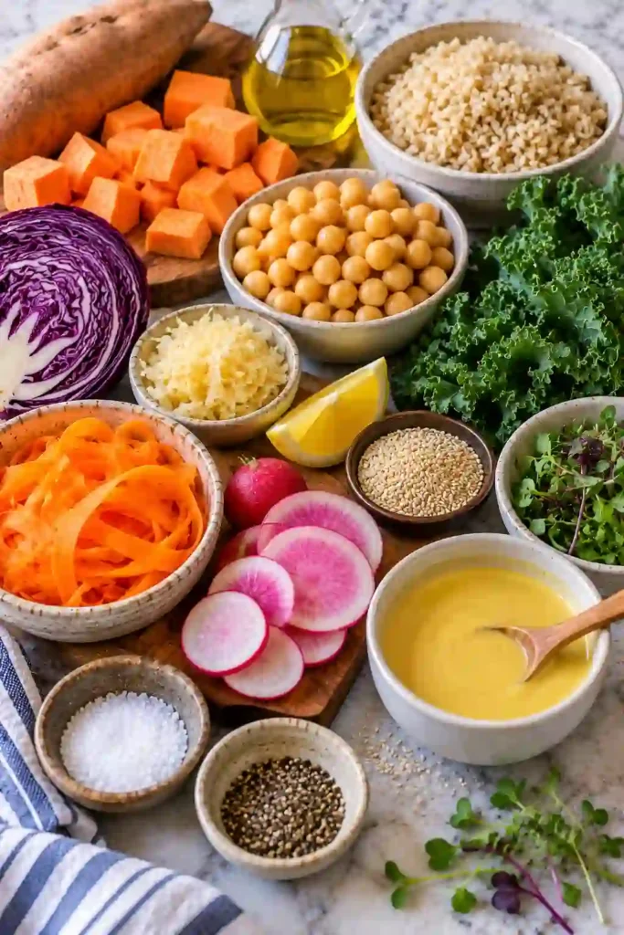 Colorful plant-based grain bowl featuring roasted sweet potato, brown rice, chickpeas, fresh vegetables, kale, and sauerkraut. A golden turmeric tahini dressing completes the healthy Buddha bowl.