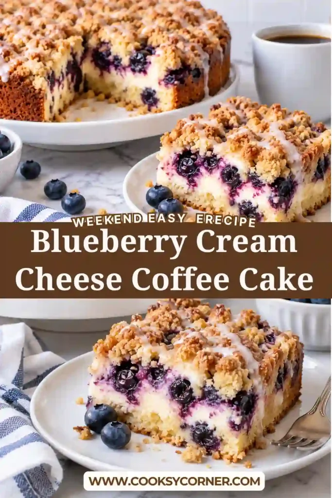 Homemade blueberry coffee cake with fresh blueberries, cream cheese filling, and buttery cinnamon crumb topping. The tall cake is sliced to show its soft blueberry-filled layers.