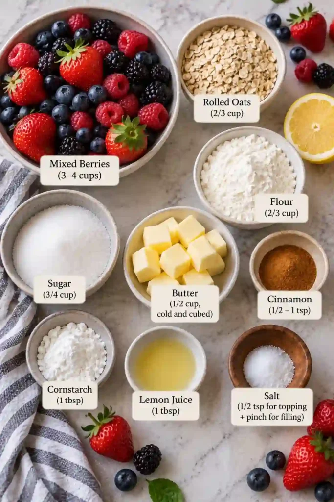 vEasy berry crumble with oats made from mixed strawberries, blueberries, and raspberries under a buttery cinnamon topping. The fruit filling is juicy and jammy with crisp golden crumbs on top.
