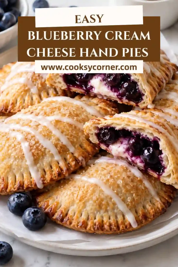 Golden blueberry hand pies filled with cream cheese and juicy blueberries. The flaky triangular pastries have crisp sugared tops and vibrant purple-blue fruit filling.