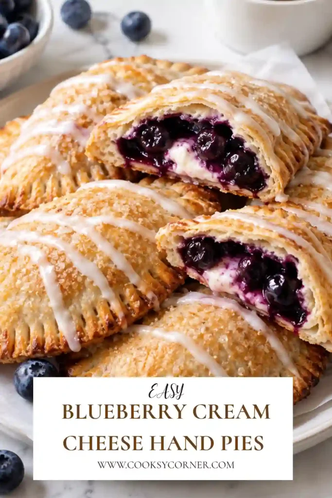 Blueberry Cream Cheese Hand Pies with flaky golden pastry and juicy blueberry filling. The individual pastries are sprinkled with coarse sugar and filled with sweet lemon cream cheese.