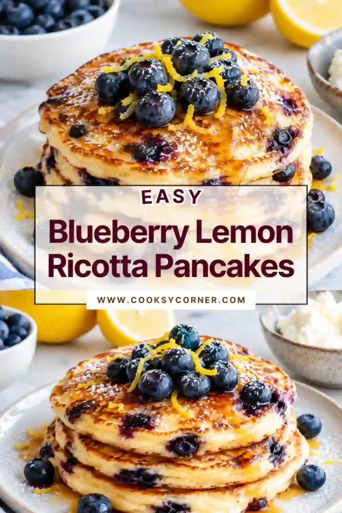 Homemade Blueberry Lemon Ricotta Pancakes with golden edges, creamy ricotta, fresh blueberries, and lemon zest. These fluffy ricotta pancakes are perfect for breakfast or brunch.