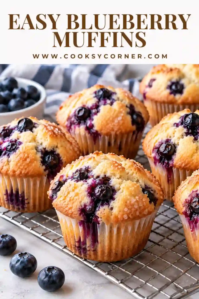 Fresh homemade blueberry muffins cooling on a wire rack with blueberries scattered around them. Each muffin has a fluffy interior, golden exterior, and plenty of baked blueberries.