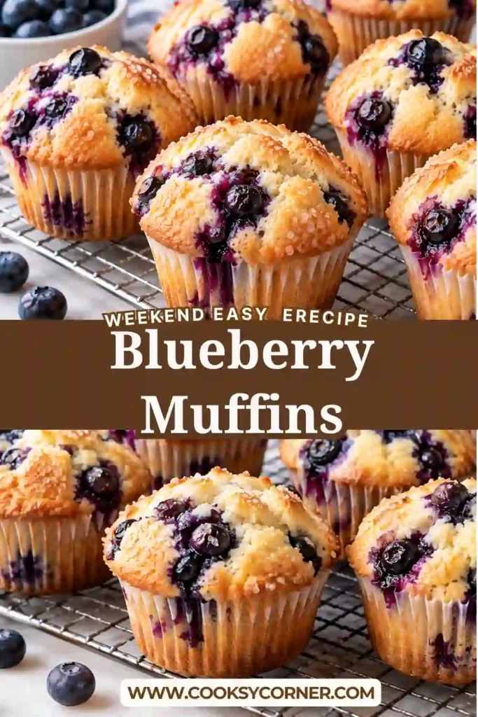 Bakery style blueberry muffins made with buttermilk, butter, and fresh blueberries. The muffins have golden domed tops with visible juicy berries and a tender, moist crumb.
