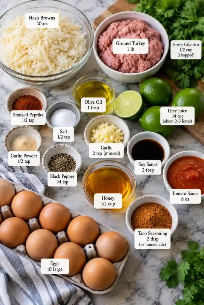 Breakfast meal prep bowl with seasoned hash browns, scrambled eggs, and ground turkey taco meat. The savory breakfast is portioned into a bowl with colorful fresh toppings.