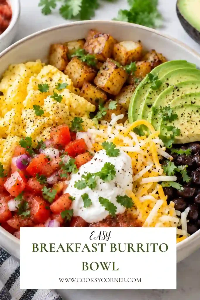 High protein breakfast bowl filled with fluffy scrambled eggs, golden hash browns, and seasoned ground turkey. The bowl is finished with avocado and fresh Mexican-inspired toppings.