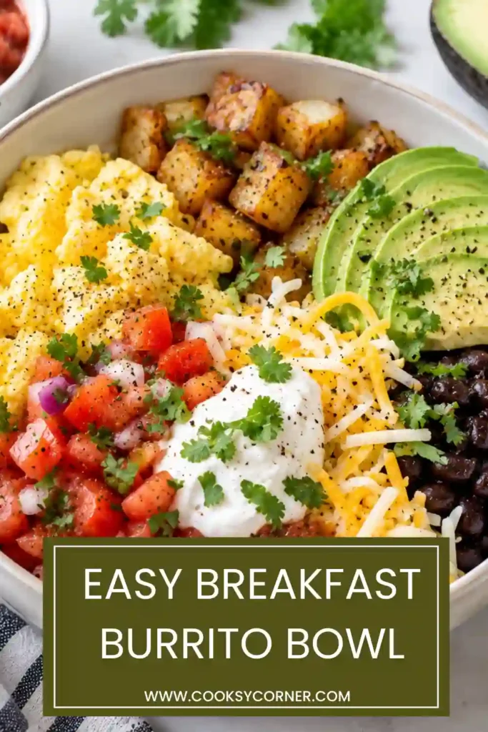 Breakfast Burrito Bowl with crispy seasoned hash browns, scrambled eggs, and savory turkey taco meat. Fresh avocado, salsa, cilantro, and tomatoes add colorful burrito-inspired toppings.