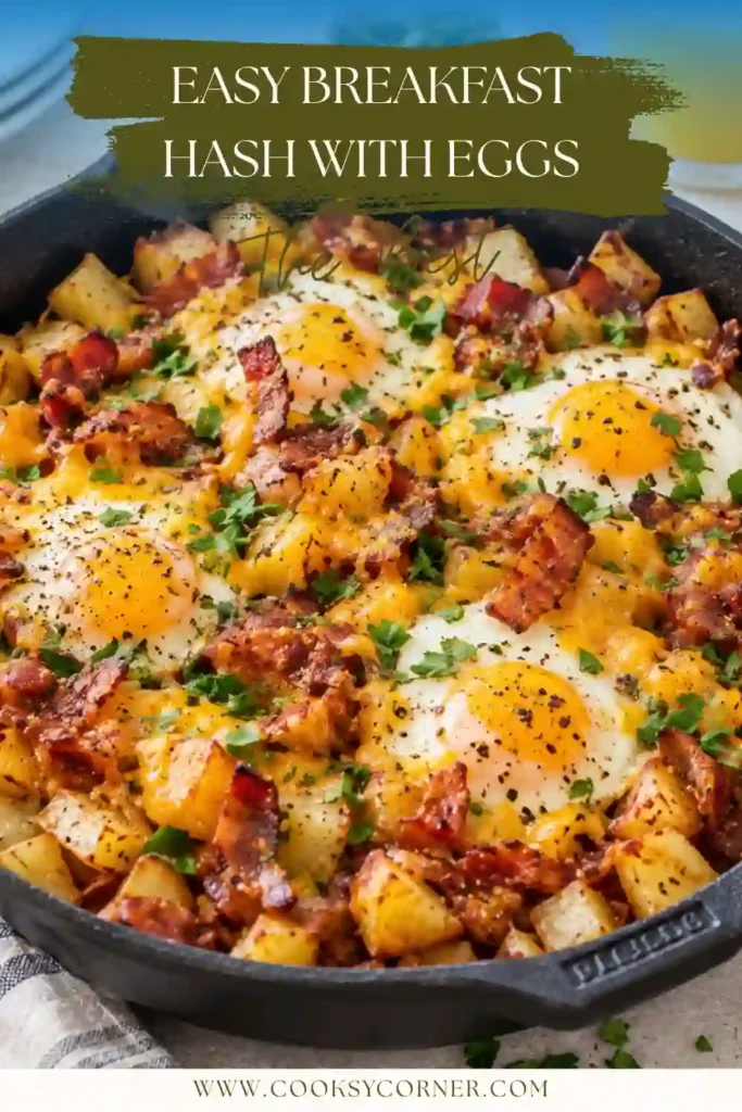 Crispy potato breakfast hash topped with four baked eggs, smoked Gouda, turkey ham, and chopped green peppers. The golden hash browns create a hearty and colorful breakfast skillet.