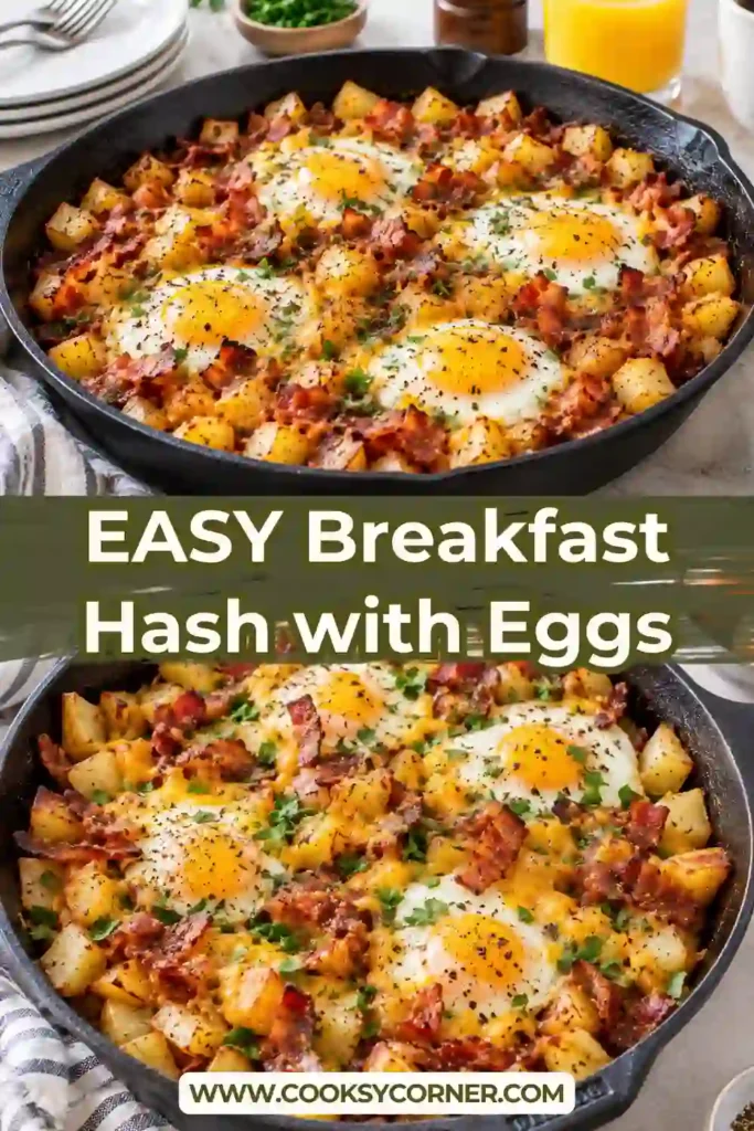 Homemade Breakfast Hash with Eggs featuring crispy shredded potatoes, savory turkey ham, melted cheese, and fresh parsley. The eggs are baked directly into the cheesy potato hash.