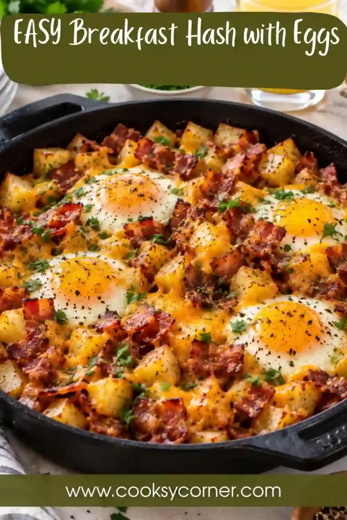 Cheesy breakfast hash made with golden hash browns and eggs in an oven-safe skillet. Turkey ham, green bell peppers, smoked Gouda, and parsley add color and savory flavor.