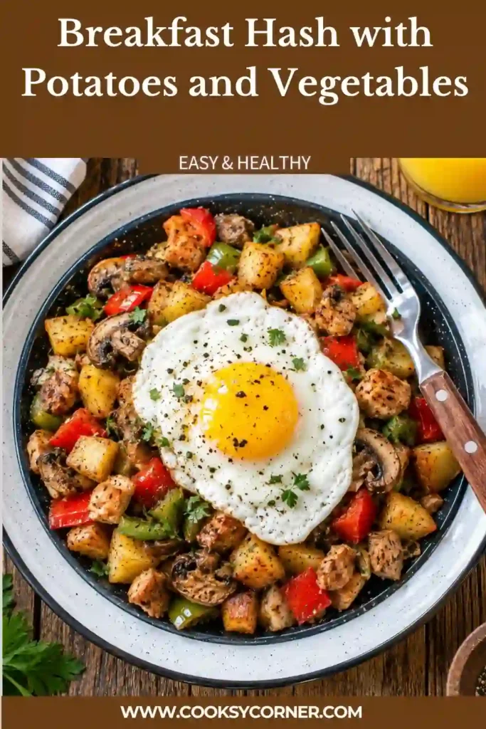 Easy Breakfast Hash prepared with crispy potatoes, red and green bell peppers, mushrooms, onions, and savory turkey ham. The colorful skillet breakfast is served hot with an optional egg.