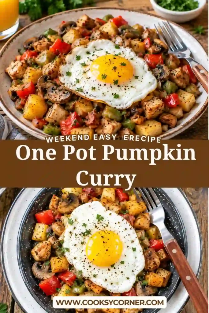 Homemade crispy potato breakfast hash filled with golden potatoes and colorful breakfast vegetables. Turkey ham and a soft egg make the skillet breakfast hearty and satisfying.
