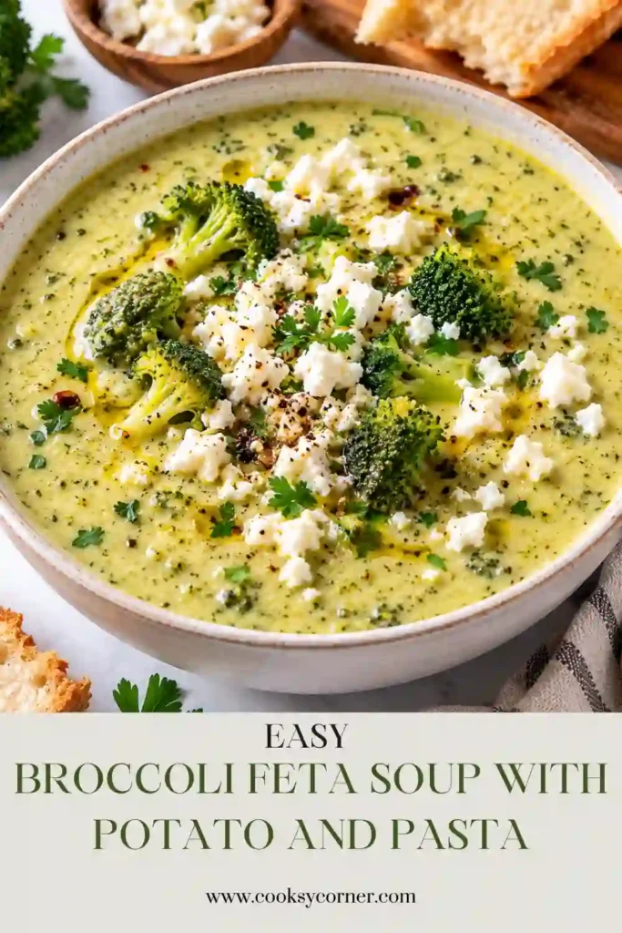 Creamy broccoli and feta soup topped with crumbled white feta, fresh parsley, black pepper, and chili flakes. Small pasta and broccoli pieces are visible throughout the thick green soup.