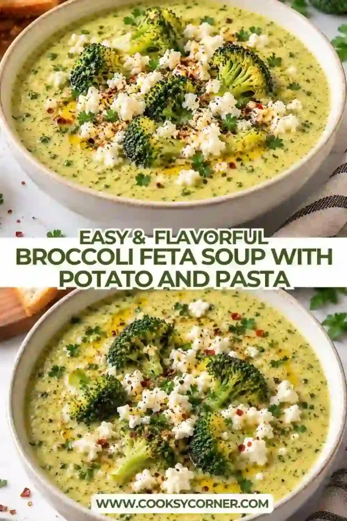 Mediterranean broccoli soup with potatoes, ditalini pasta, and tangy feta cheese. The naturally creamy broccoli base is garnished with parsley and extra crumbled feta.