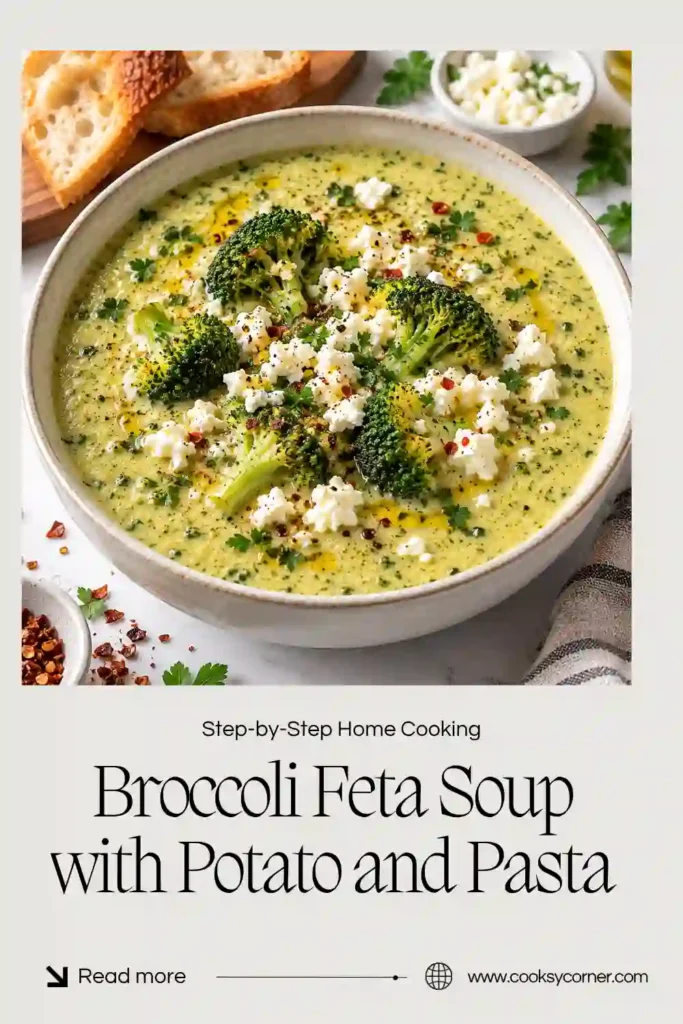 Broccoli Feta Soup served in a rustic bowl with tender broccoli, ditalini pasta, potatoes, and crumbled feta. Fresh parsley and red chili flakes add a colorful garnish.