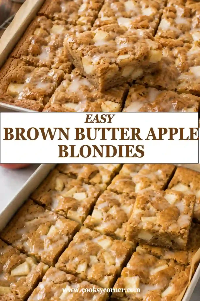 Homemade Brown Butter Apple Blondies with cinnamon-spiced apple pieces and a smooth icing layer. The golden apple dessert bars have chewy centers and lightly browned edges.