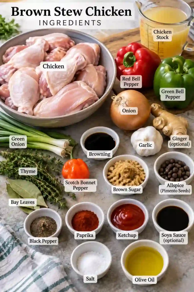 Caribbean chicken stew made with browned chicken simmered until tender with peppers, thyme, allspice, and rich gravy. The finished Brown Stew Chicken has a deep color and comforting homemade appearance.