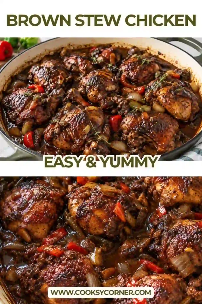 Jamaican brown stew chicken with juicy browned chicken simmered in savory gravy with bell peppers, thyme, and aromatic seasonings. A hearty Jamaican chicken recipe served hot for dinner.
