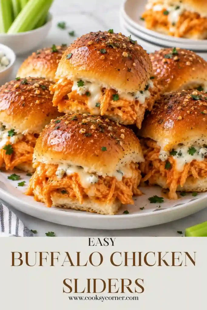 Cheesy buffalo chicken sliders fresh from the oven with tender shredded chicken, buffalo sauce, ranch dressing, and Monterey Jack cheese. Soft golden rolls make them ideal for parties and game-day meals.