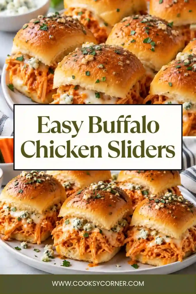 Easy buffalo chicken sliders with tender shredded chicken, hot sauce, creamy ranch, and gooey melted cheese. The soft baked rolls have lightly golden garlic butter tops.