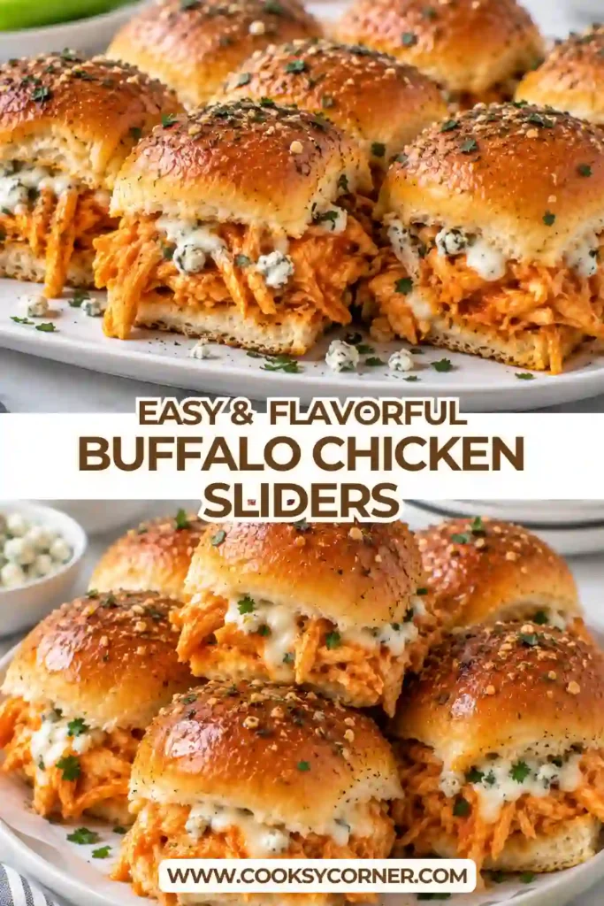 Easy buffalo chicken sliders with Hawaiian rolls layered with spicy chicken and gooey melted cheese. The warm baked sliders are topped with seasoned melted butter.