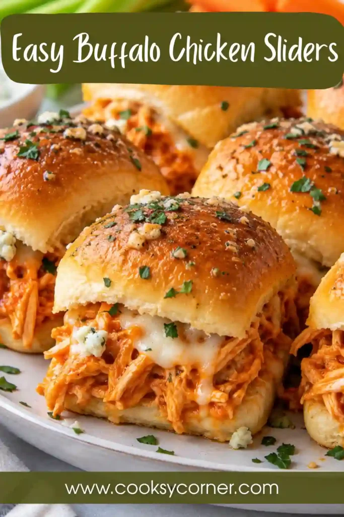Buffalo Chicken Sliders filled with spicy shredded chicken, ranch dressing, and melted cheese on soft dinner rolls. The baked sliders are finished with a golden garlic butter and Italian seasoning topping.