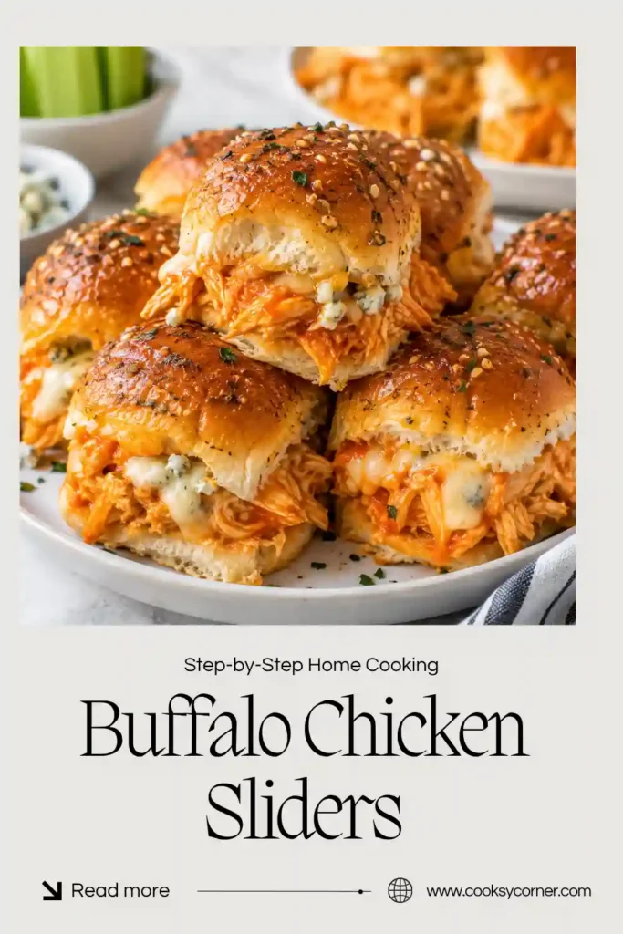 Buffalo Chicken Sliders filled with shredded buffalo chicken, creamy ranch, and melted Monterey Jack cheese on soft Hawaiian rolls. The baked sliders have buttery, lightly golden tops