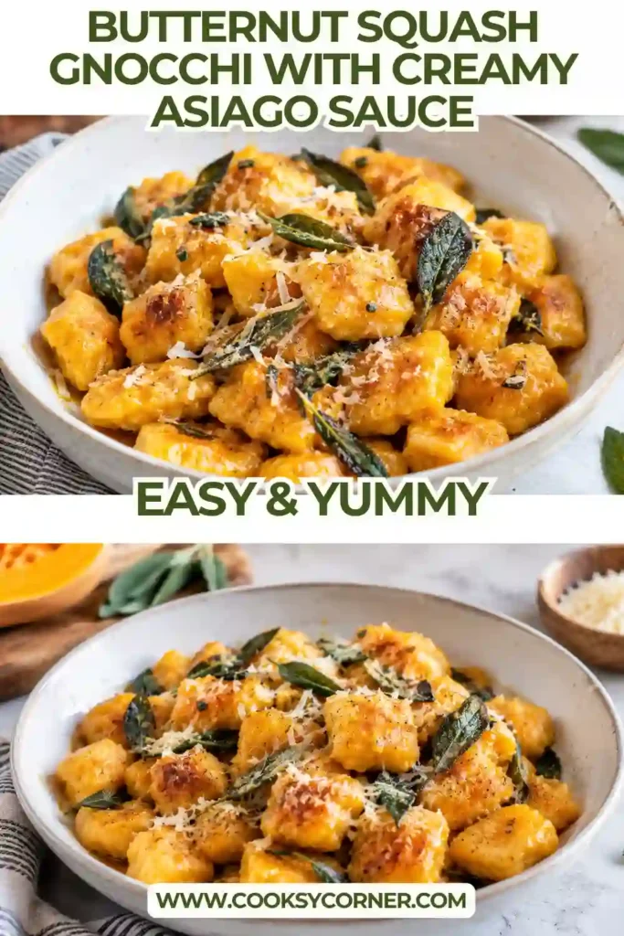 Close-up of pan fried gnocchi with golden buttery edges and a creamy cheese coating. The butternut squash dumplings have soft centers and lightly browned surfaces.