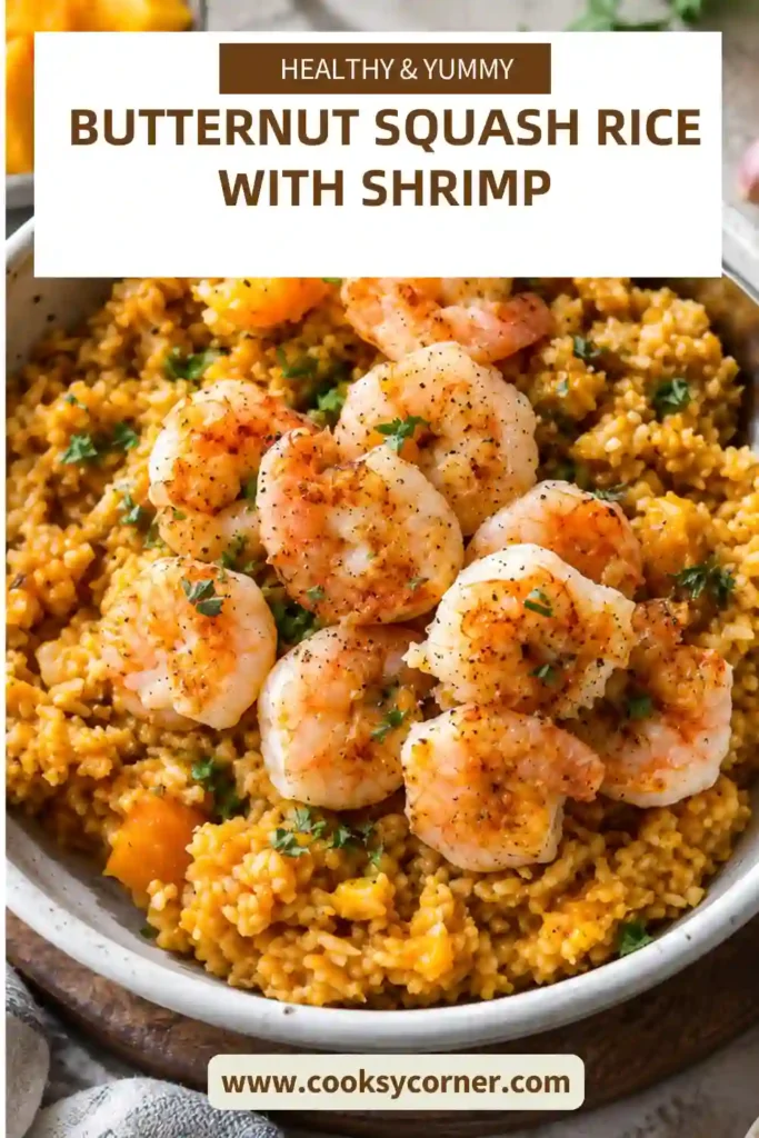 Homemade butternut squash rice recipe with golden squash cubes, Parmesan cheese, herbs, and tender shrimp. A warm and satisfying shrimp and rice dinner.