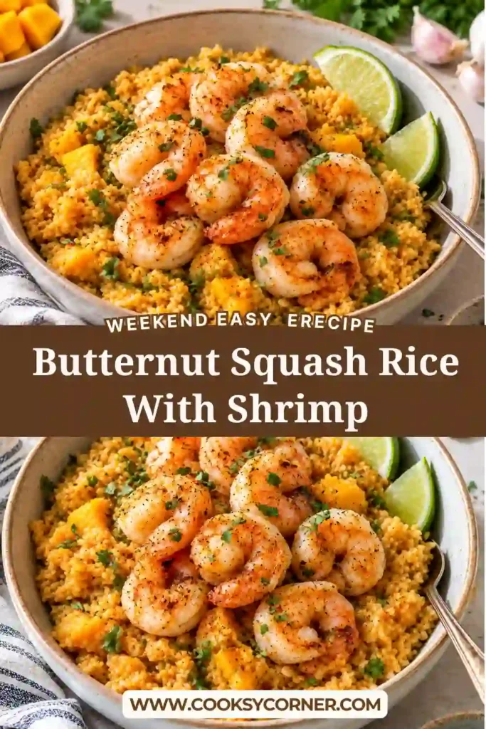 Cheesy butternut squash rice topped with juicy sautéed shrimp and freshly grated Parmesan. The creamy rice is flavored with garlic, rosemary, and thyme.