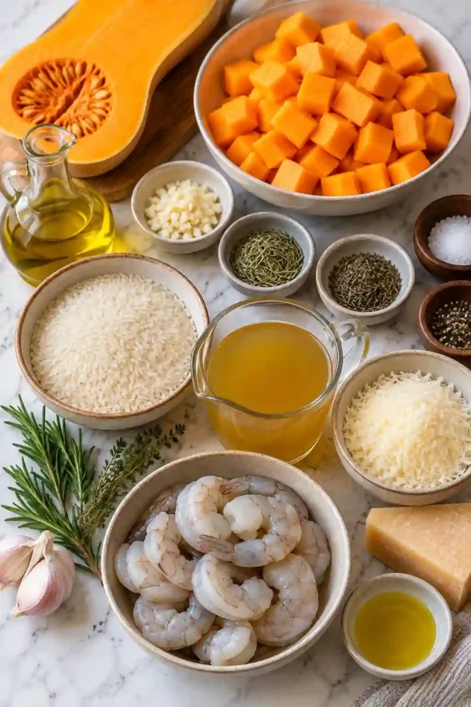 Parmesan butternut squash rice topped with seasoned shrimp and herbs. This easy shrimp dinner combines creamy rice with sweet squash and savory cheese.