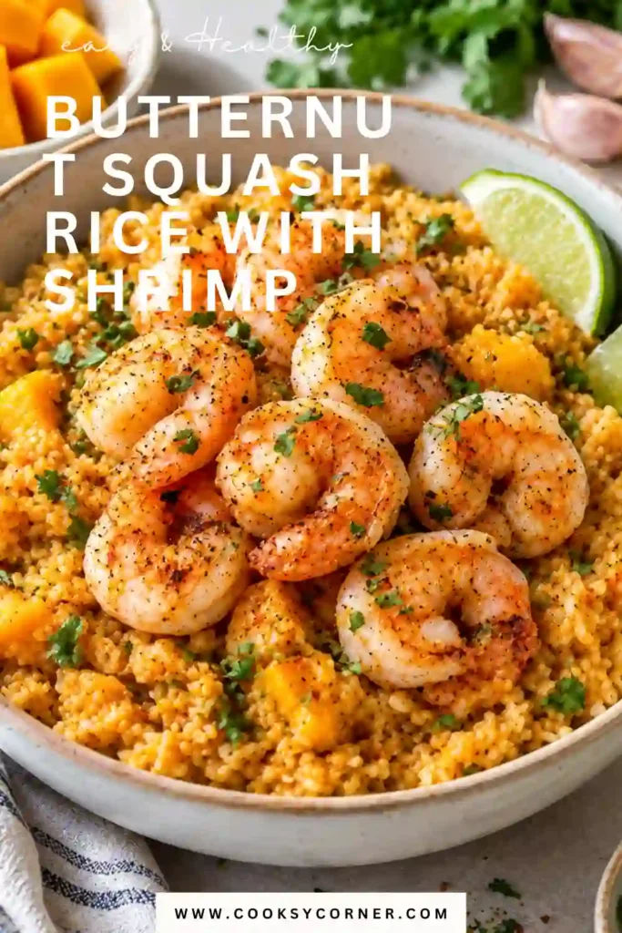 Butternut Squash Rice With Shrimp served in a bowl with tender squash, creamy Parmesan rice, and sautéed shrimp. Fresh herbs add color to this comforting dinner.