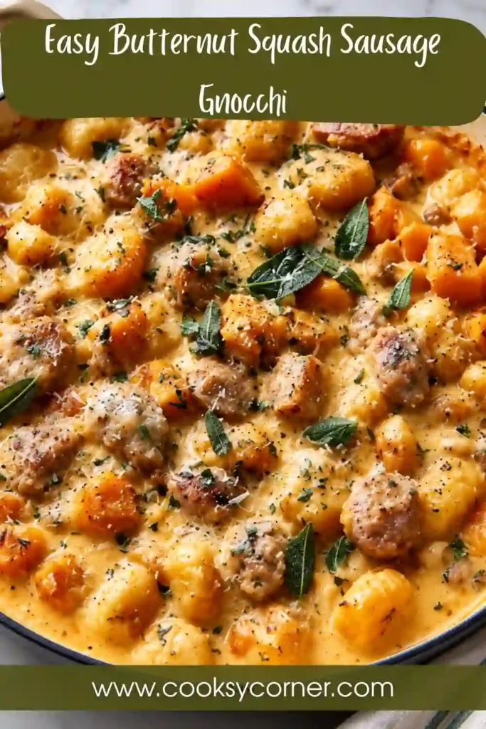 Butternut Squash Sausage Gnocchi with pillowy potato gnocchi, browned beef sausage, sage, and tender squash. The creamy fall gnocchi recipe is finished with Parmesan and fresh parsley.