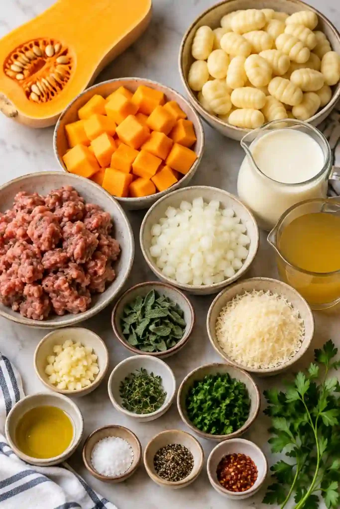 Creamy sausage gnocchi skillet filled with butternut squash, golden gnocchi, beef sausage, and fresh herbs. Parmesan cream sauce coats the ingredients for a comforting one pan dinner.