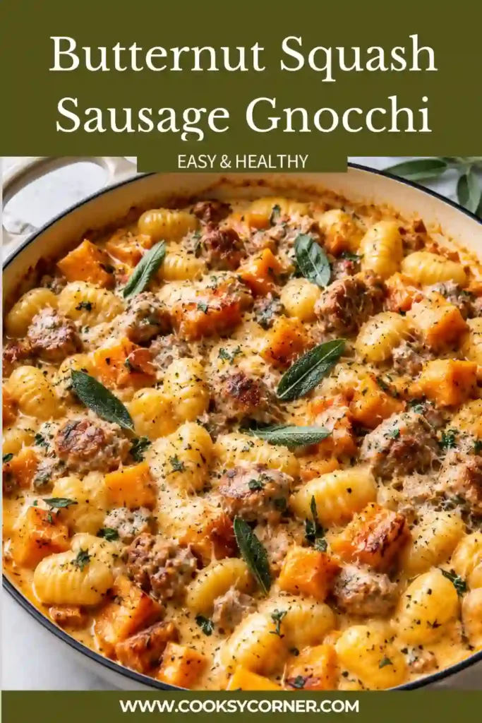 One pan butternut squash gnocchi with savory beef sausage and tender pieces of squash in Parmesan cream sauce. Fresh parsley and grated Parmesan finish the creamy skillet dinner.