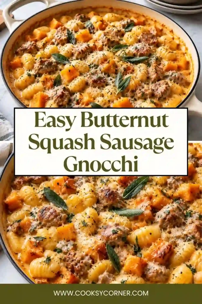 Creamy Butternut Squash Sausage Gnocchi served in a skillet with golden squash, beef sausage, Parmesan, and fresh herbs. The one pan gnocchi is coated in a rich, creamy sauce.